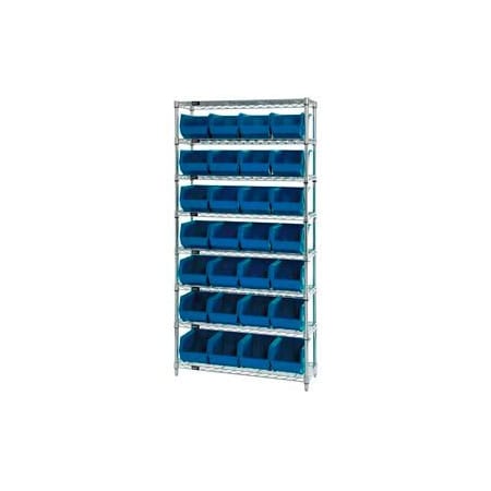Global Industrial Chrome Wire Shelving w/ 28 Stacking Blue Bins, 36inW x 12inD x 74inH, Gray 268926BL